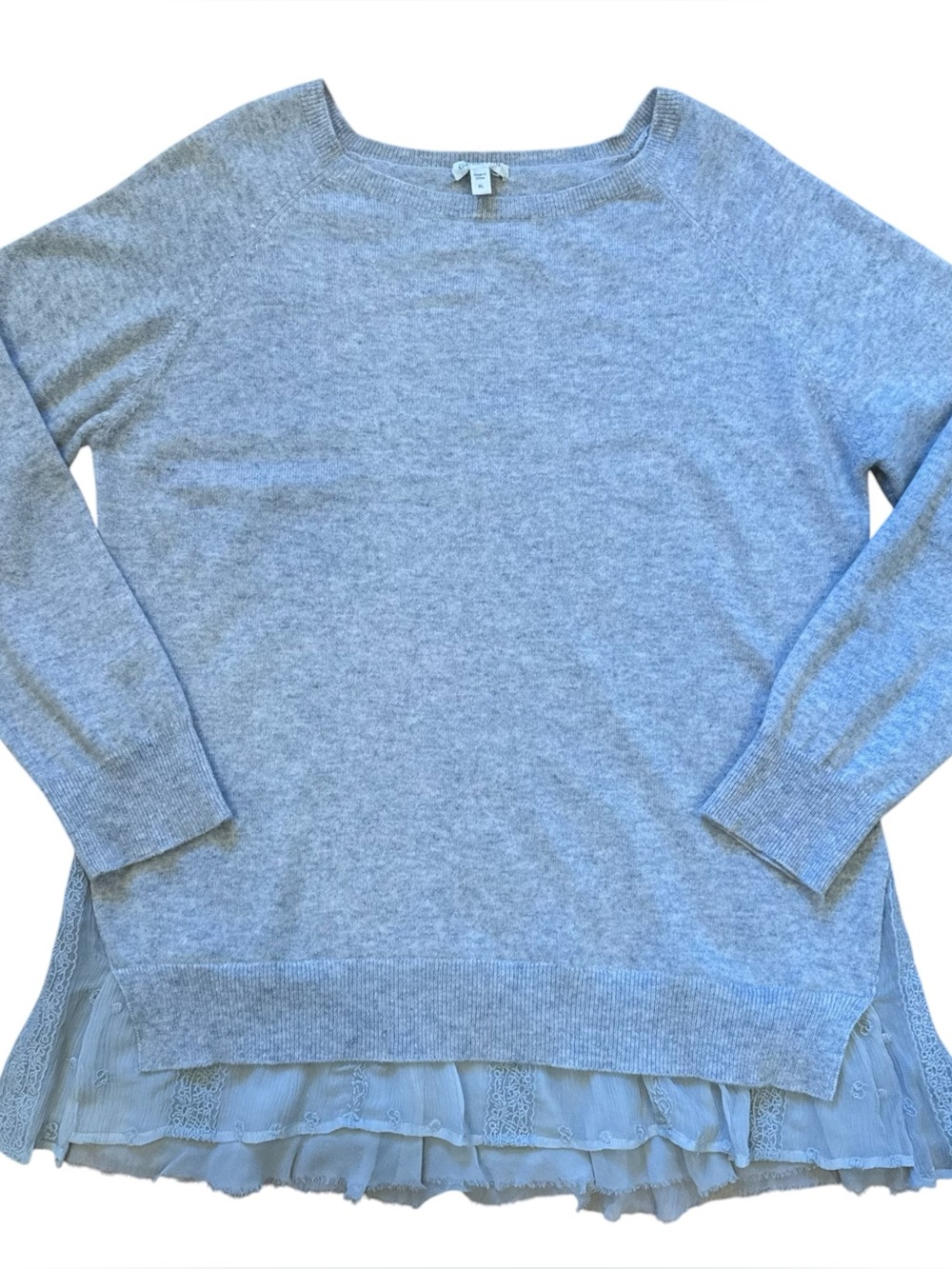 Garnet Hill 100% Cashmere Sweater Gray Shirttail Lace Trim Lagenlook Womens XL